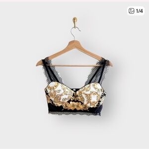 Black & Yellow Baroque Print Lace Bralette (Sz S)